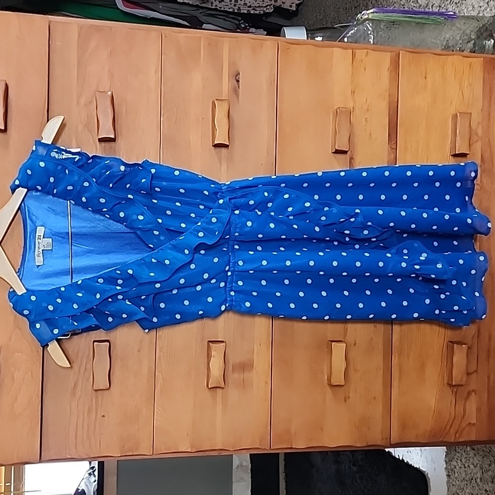 Forever 21: Ruffled Sleeveless Polka Dot Mini Dress, Blue/White, Small